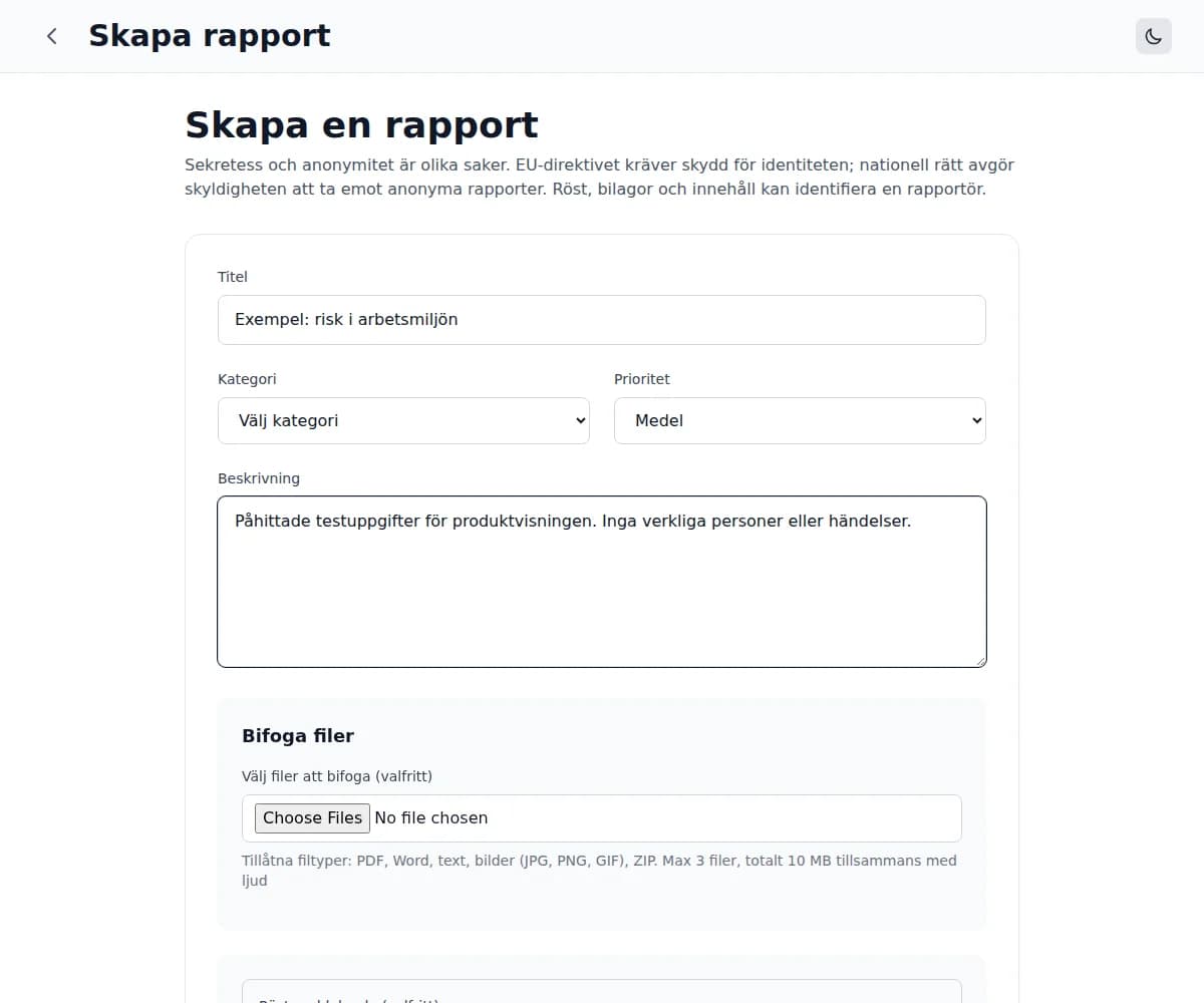 Produktens rapportformulär med testuppgifter